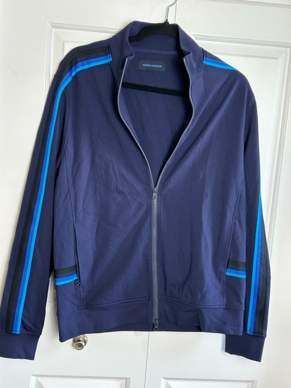 Patrick Assaraf Navy Track Jacket with Blue Stripe Detail